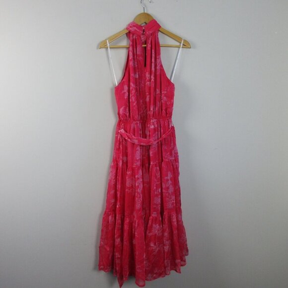 Lulus Halter Tiered Midi Dress S Hot Pink Floral Float to You Boho Cocktail 364 - Picture 2 of 14
